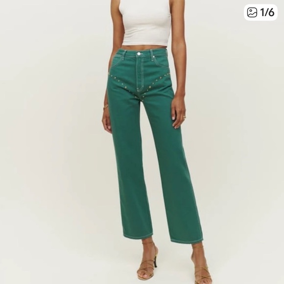Reformation Denim - Reformation Cowboy Studded Hi-Rise Straight/Wide Leg Green Jeans, Size 29